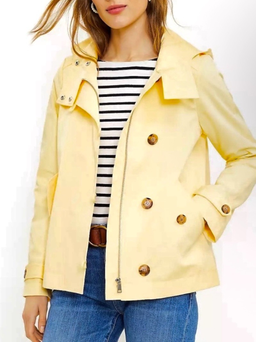 LOFT NEW Butter Pastel Yellow Hooded Short Trench Rain Coat Tortoise Buttons XS